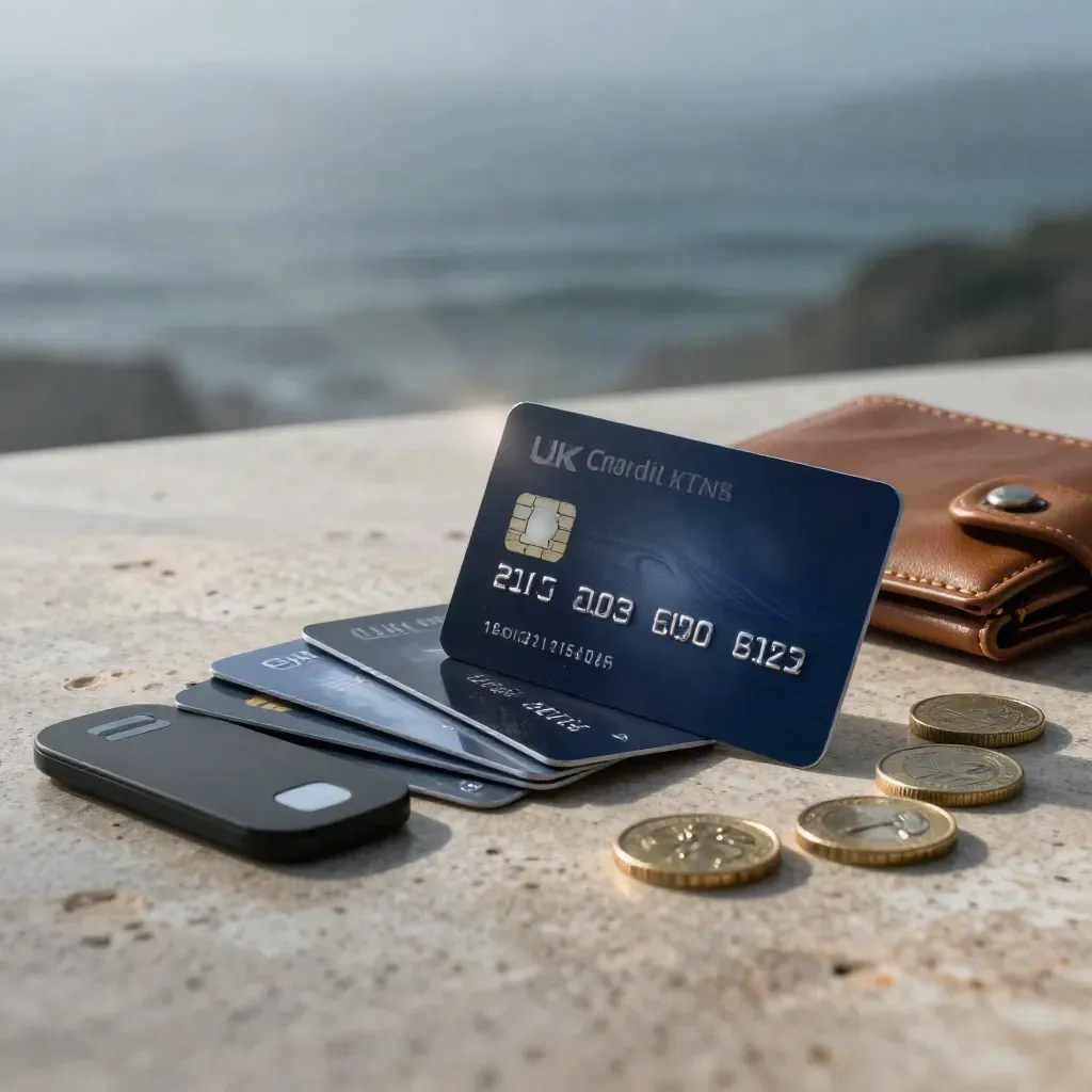 Navy credit card sweeps past UK cards, wallet, puck and coins on misty limestone