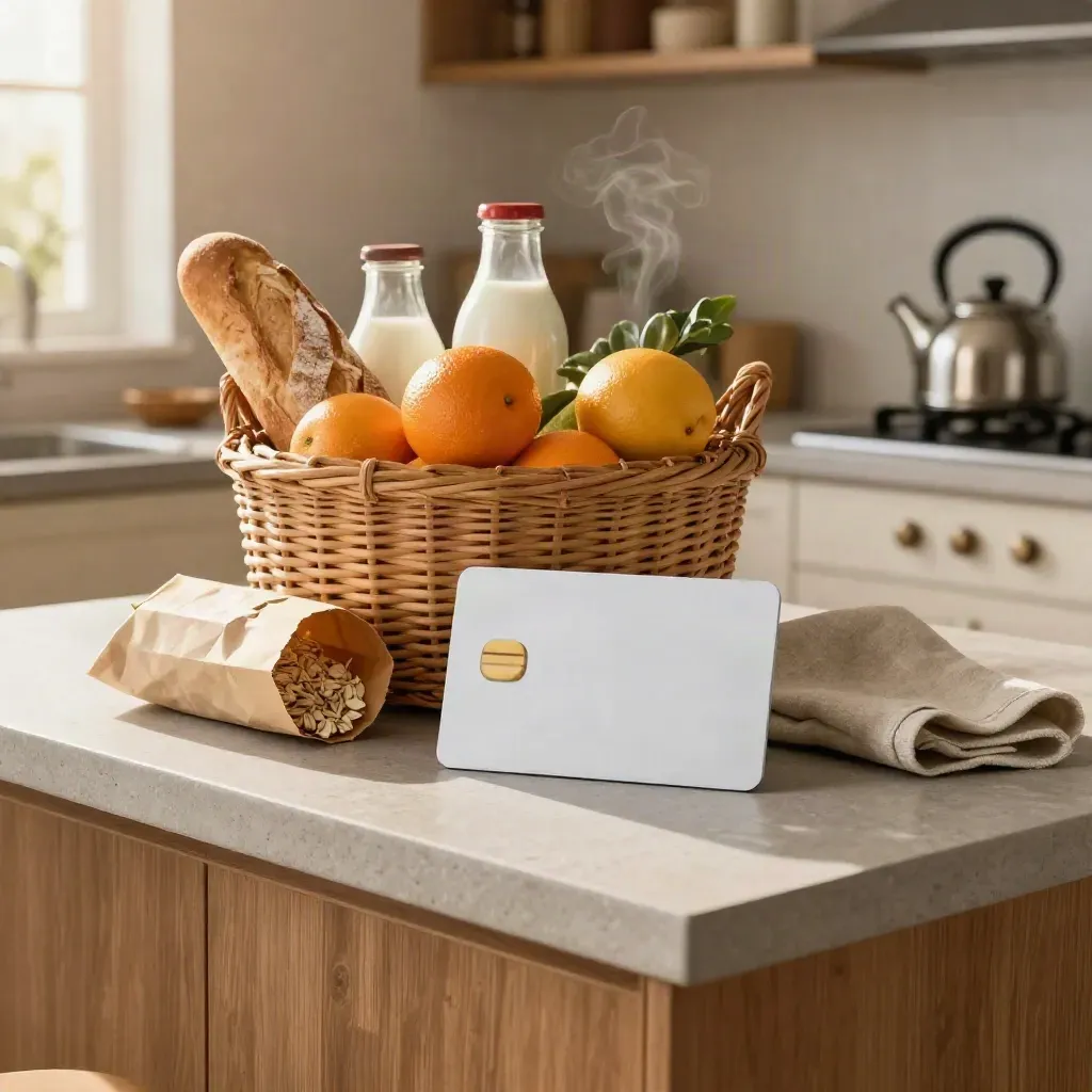 Groceries spill from a wicker tote beside a cashback card on a pale kitchen island, steam rising.