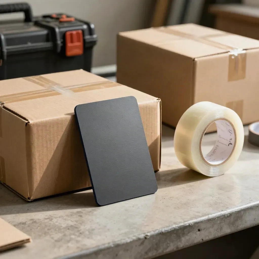Small business card beside parcel boxes and packing tape on a workshop bench