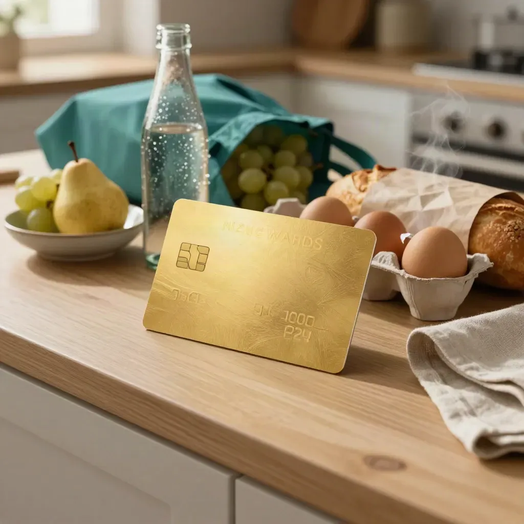 Gold rewards card beside groceries, a teal tote, glass bottle and fruit bowl on a sunny kitchen counter.