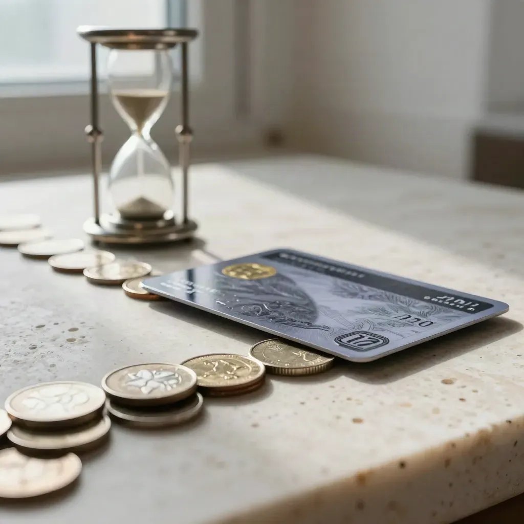 Finance card, coins, and hourglass on pale stone in dramatic side light.