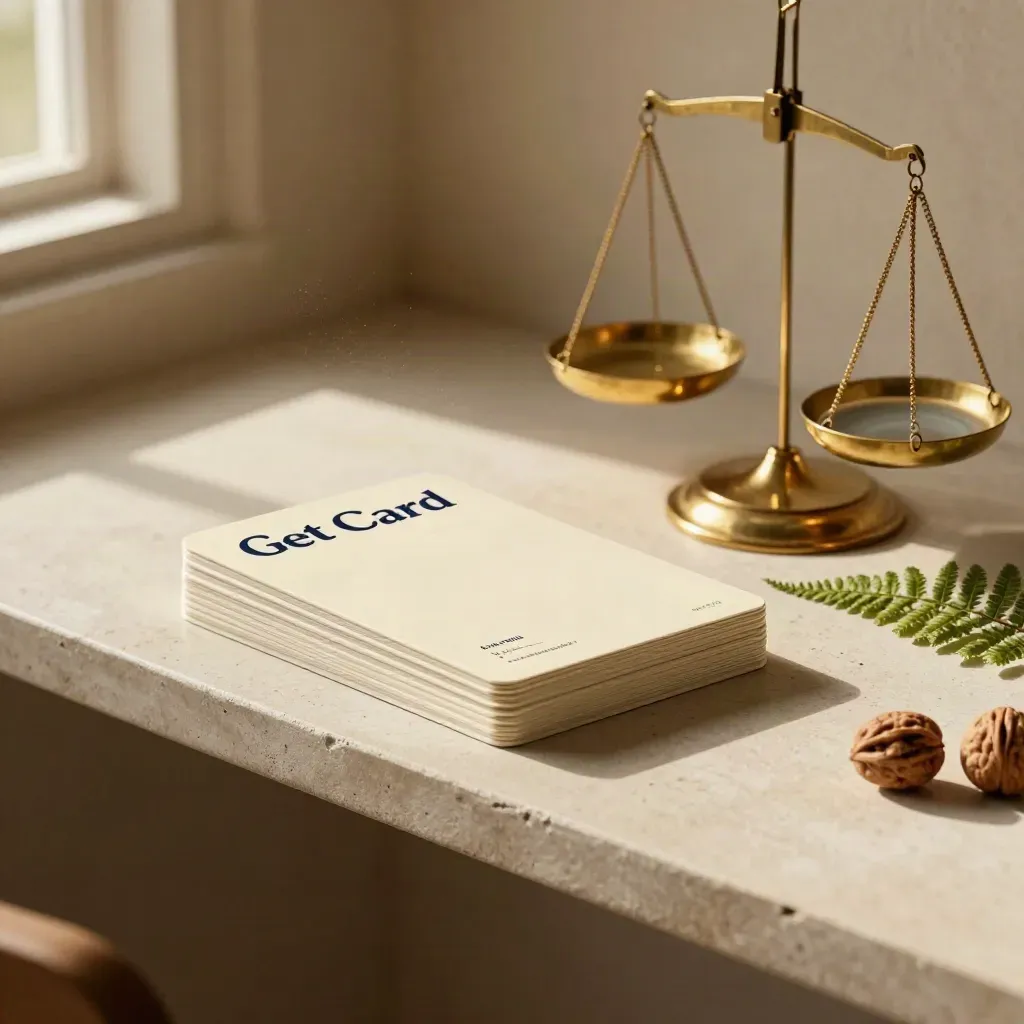 Eligibility cards, brass scale, fern and ceramic dish on a plaster shelf in warm sunlight.