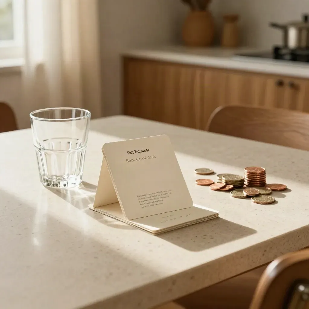 Sunlit finance cards, glass, and coins on a warm breakfast table.