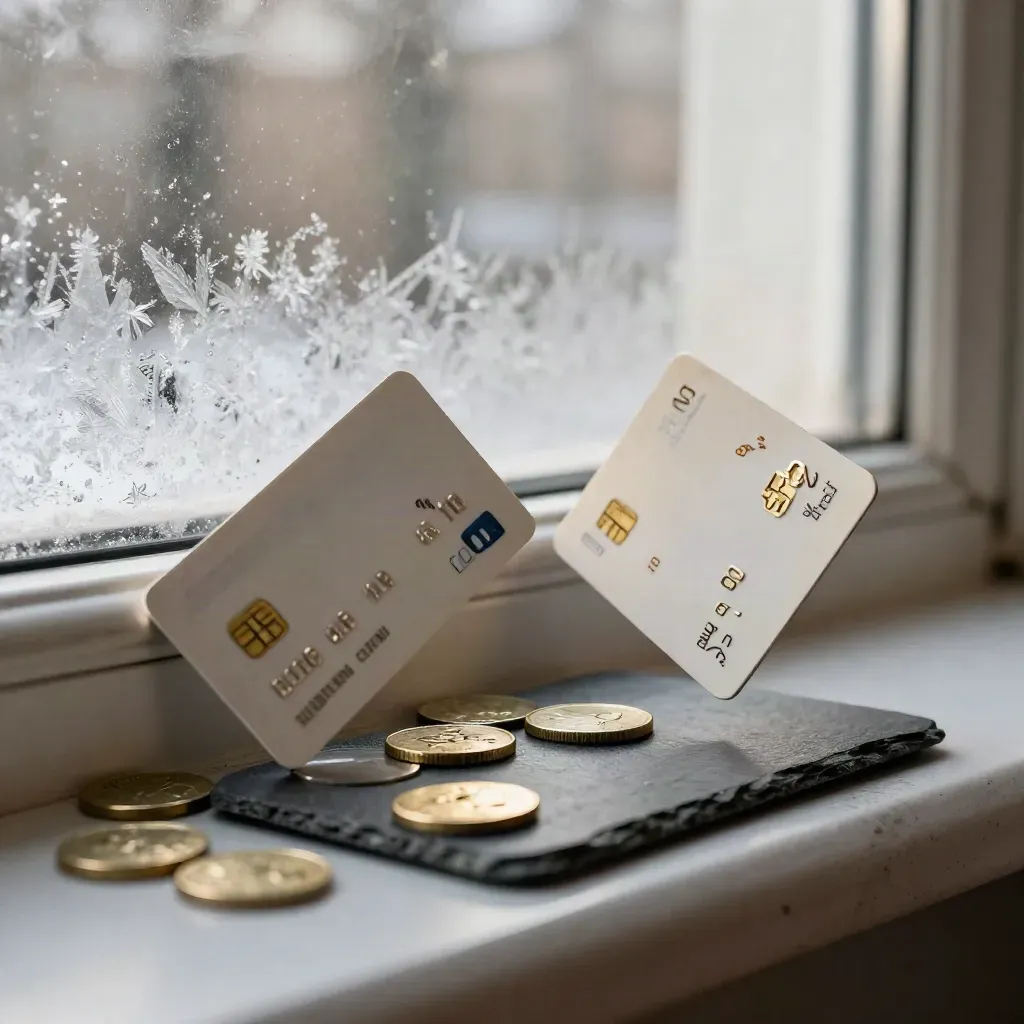 Two pale credit cards and coins on a frosted slate windowsill in winter light.