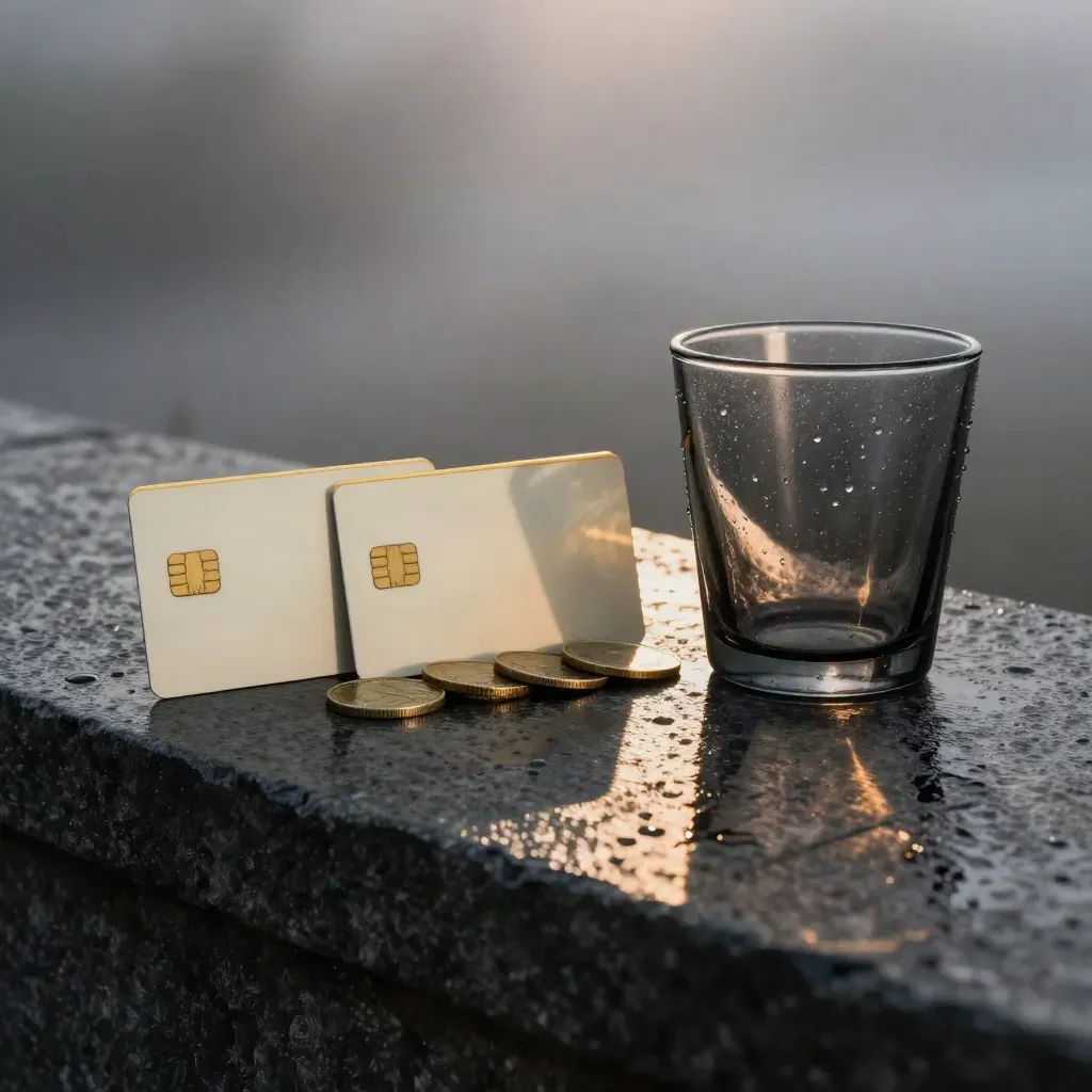Rain-lit credit cards, coins and a dark tumbler on wet stone with golden reflections.