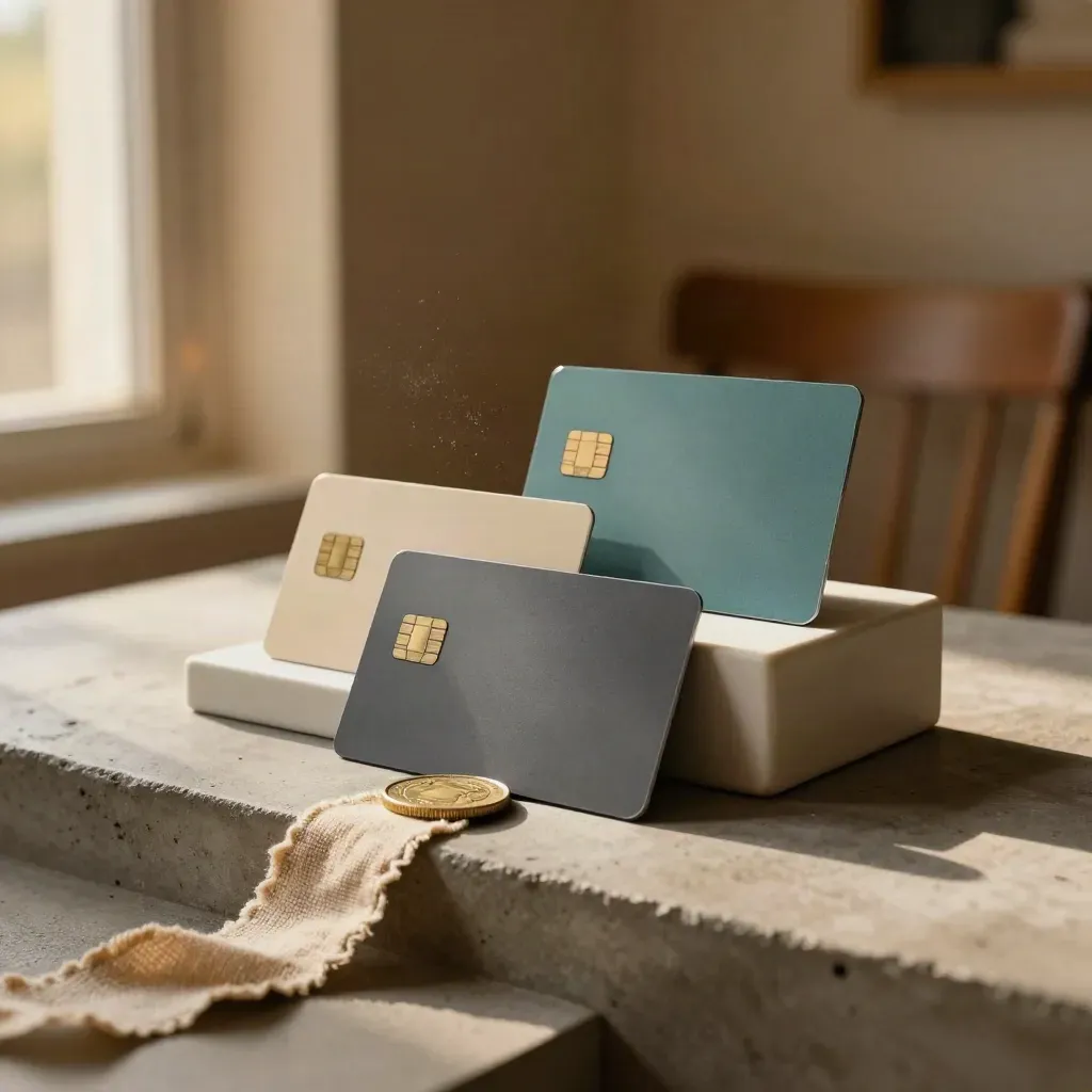 Three credit cards on stepped ceramic blocks with a coin and linen strip in warm window light.