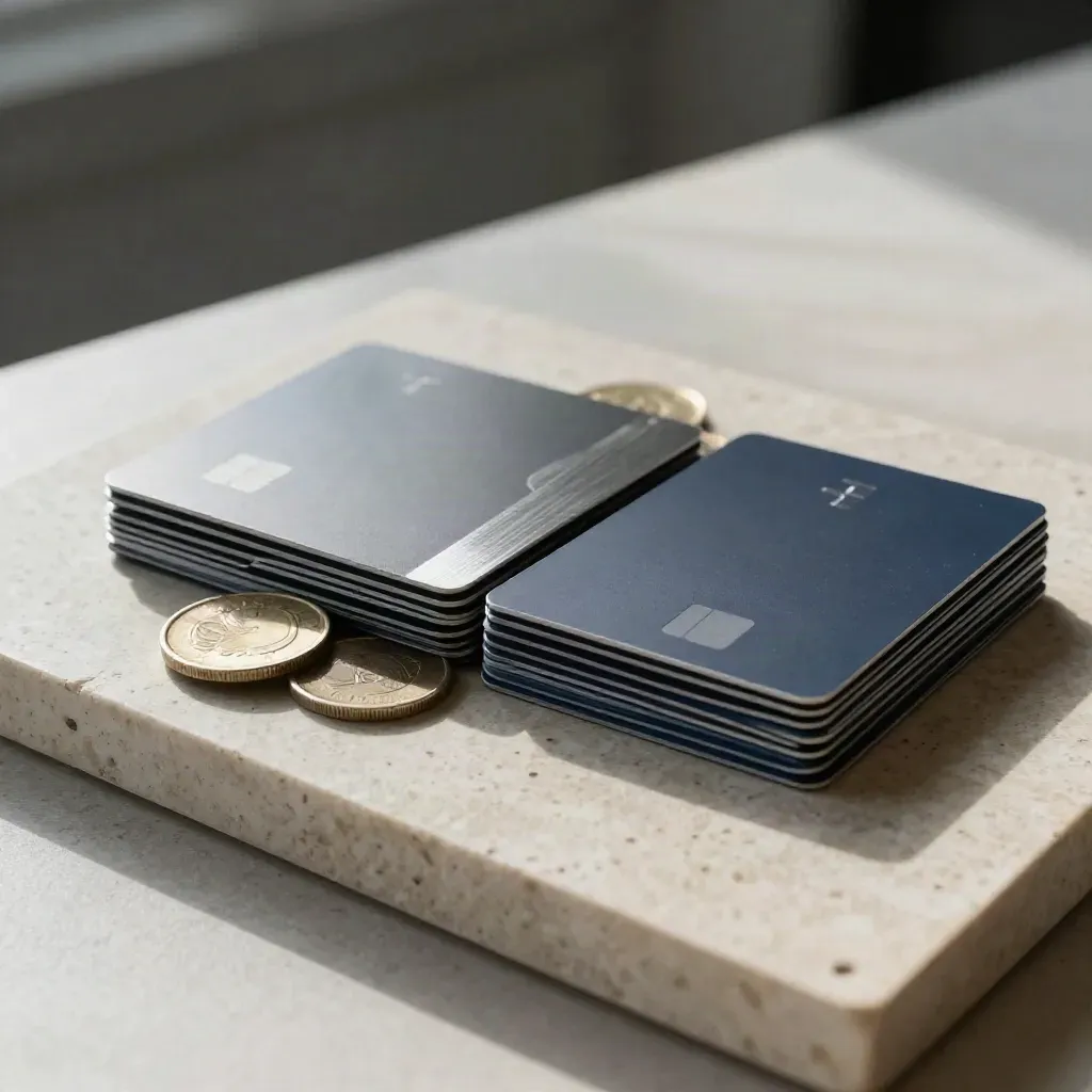 Two card stacks on a stone tray, one weighed with coins, one clean
