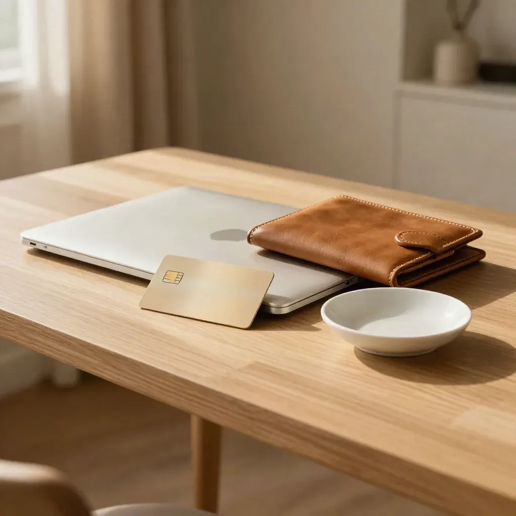Credit card, laptop, wallet case, and dish on a bright entry table