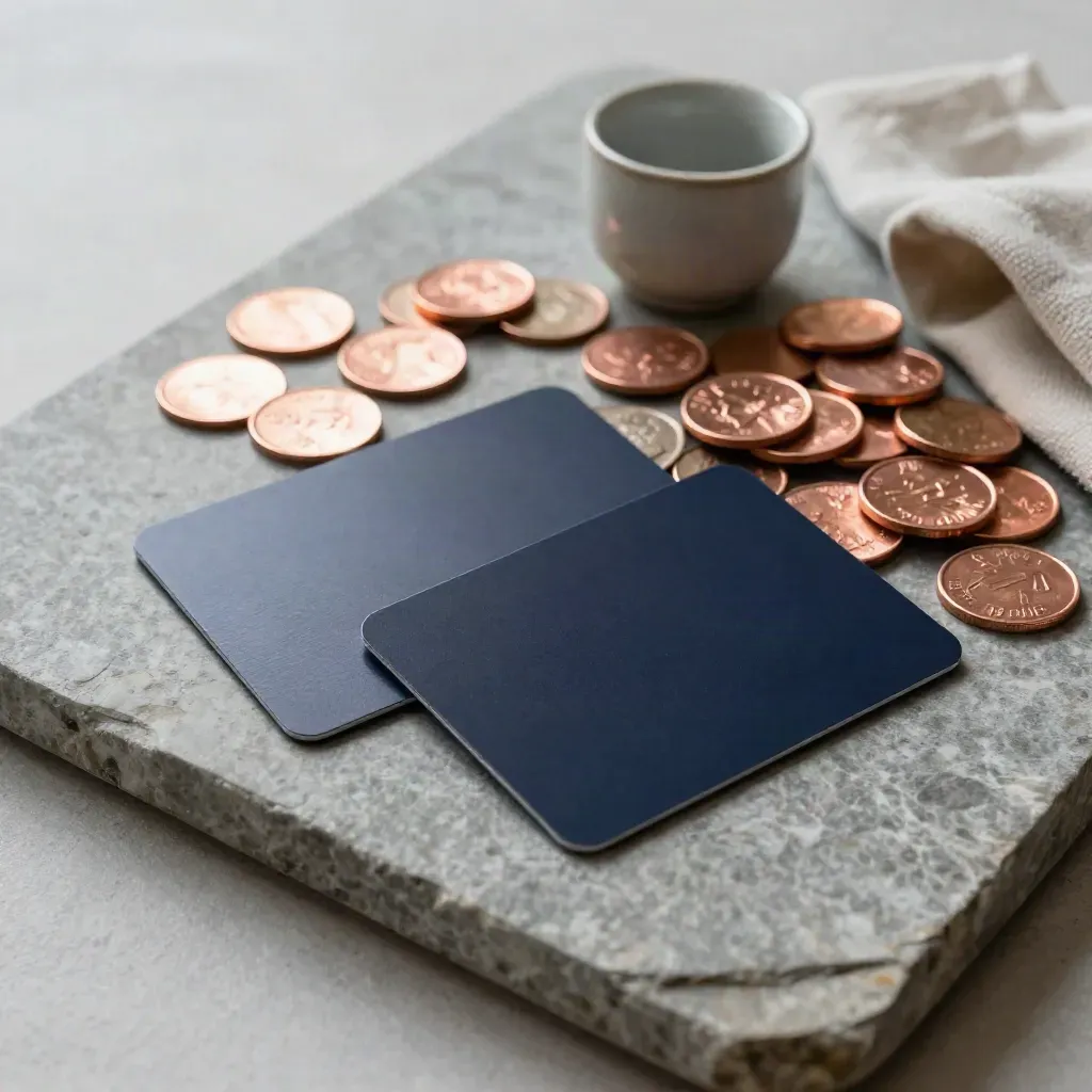 Two cards crossing on a stone tray with copper coins, a ceramic cup and folded cloth.