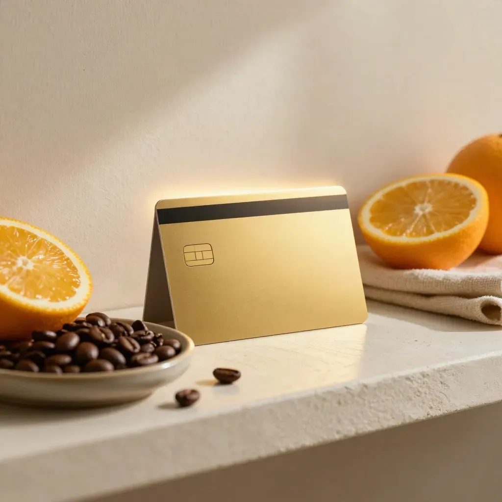Gold rewards card beside citrus, coffee beans, and cloth on a pale shelf.
